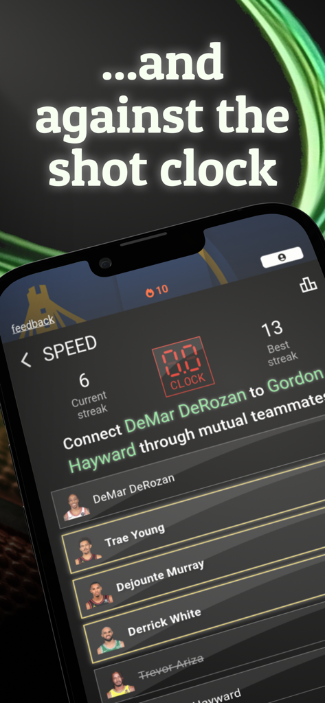 NBA player teammate connection trivia game in speed mode with a shot clock