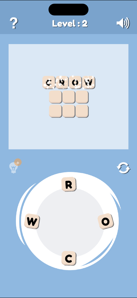 Nivel de puzzle de palabras que muestra la palabra crow formada a partir de letras en un círculo.