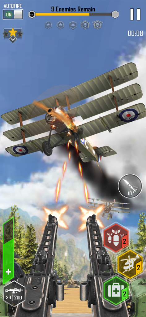 Sky Defense: War Duty - First person shooter view of twin machine guns shooting down a triplane in Sky Defense War Duty.