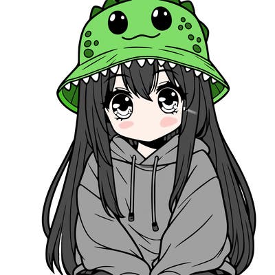 girl with anime shaped eyes with a dinosaur bucket hat oversized sweatshirt long straight hair