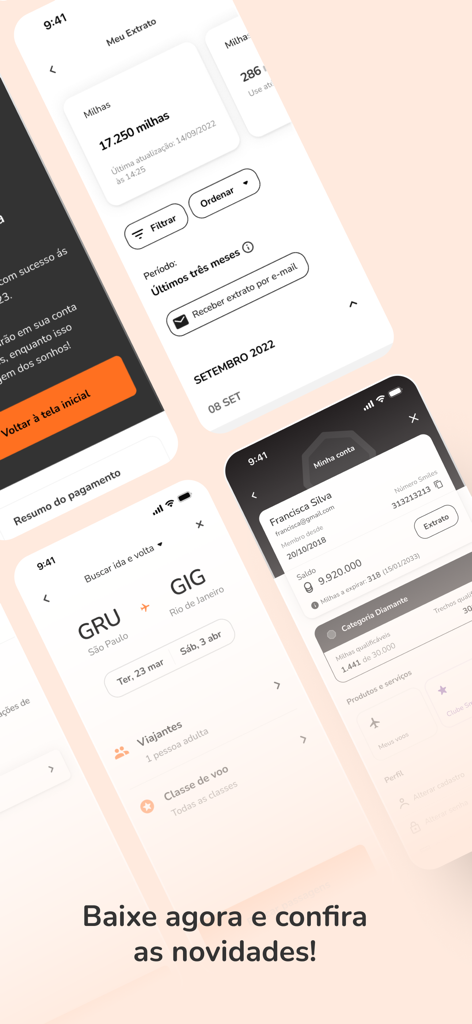 Smiles - 상파울루에서 리우까지의 항공편 검색과 마일리지 계정 잔액 세부 정보를 보여주는 모바일 앱 화면
