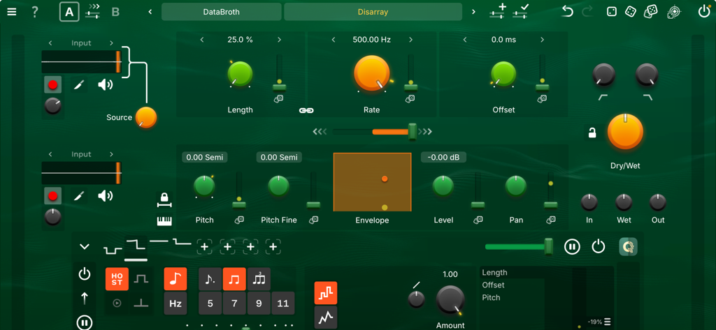 GSDSP Quantum Granulator - GSDSP Quantum Granulatorダッシュボード。グレインとピッチのモジュレーション設定が表示されます。