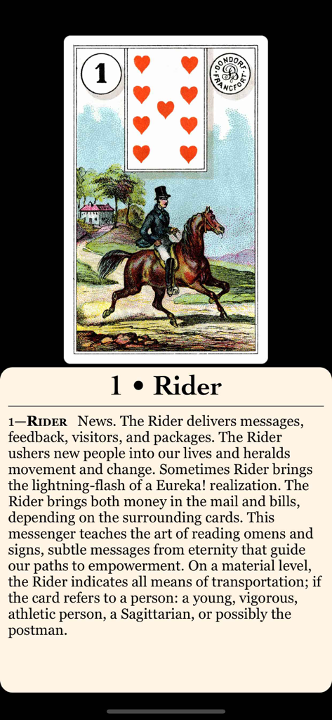 Lenormand! - Una captura de pantalla de la aplicación Lenormand que muestra la carta del Jinete con su significado e interpretaciones históricas correspondientes.