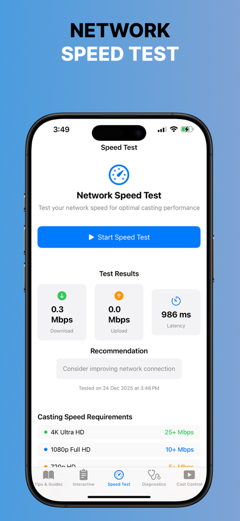 Screen Mirroring TV Cast+ - Network Speed Test interface showing connection results and casting requirements for 4K and HD