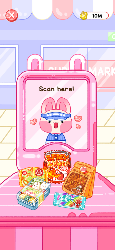 Cute bunny cashier scanning food items in a colorful supermarket