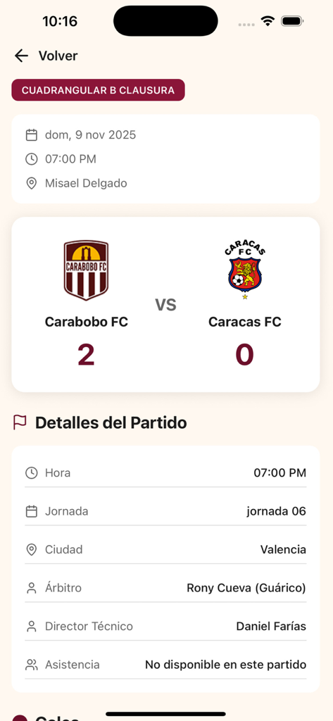 Carabobo FC - Schermata del risultato della partita Carabobo FC contro Caracas FC che mostra un punteggio di 2 a 0 e i dettagli della partita