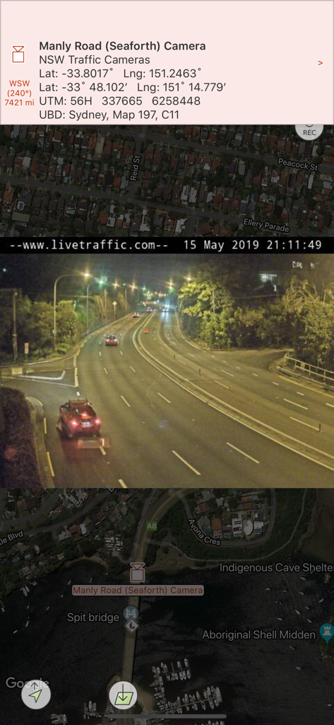FireMapper Enterprise - FireMapper Enterprise app displaying a live traffic camera feed and GPS coordinates over a satellite map.