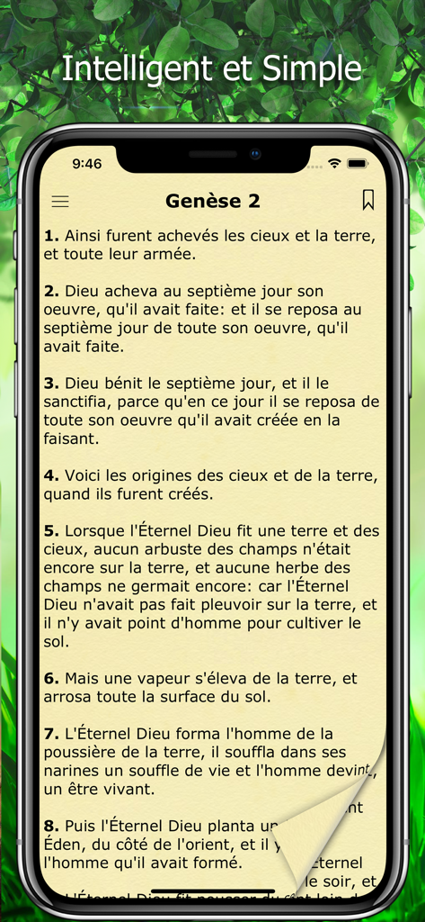 La Bible Traduction par Segond - French Bible Segond app interface showing Genesis chapter 2