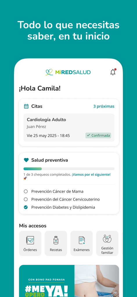 MiRedSalud - Panel de control de la aplicación médica MiRedSalud que muestra próximas citas y seguimiento de salud preventivo en español