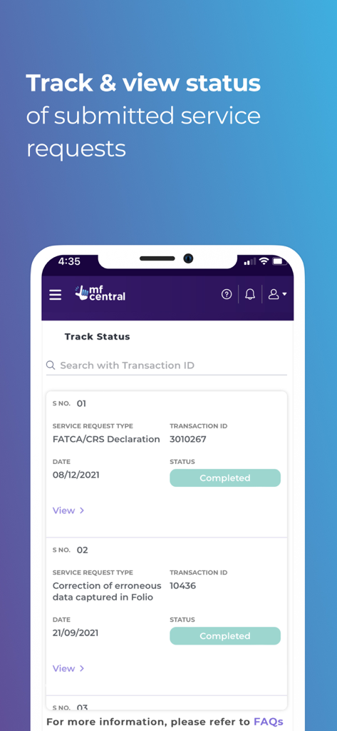The MFCentral app interface for tracking the status of mutual fund service requests like FATCA declarations.