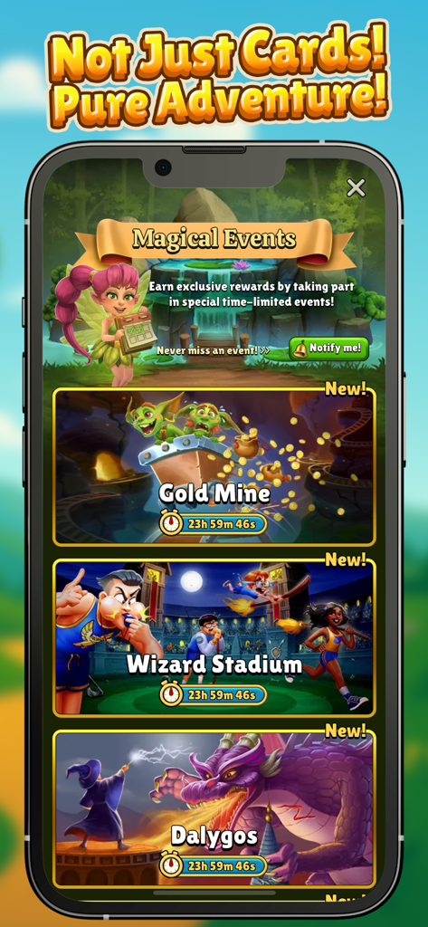 Sorcery School - Magical Events screen in Sorcery School game showing timed challenges like Gold Mine and Wizard Stadium