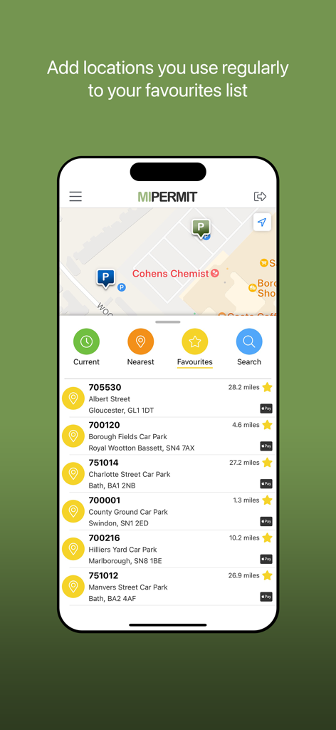MiPermit - MiPermitアプリインターフェース。お気に入りの駐車場所のリストと地図ビューを表示します。