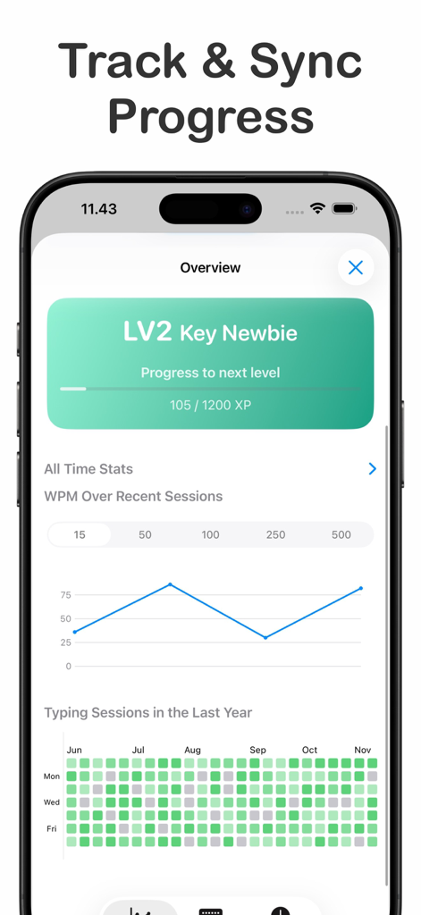 ClickClack app dashboard showing typing speed graphs and activity heatmap progress tracking