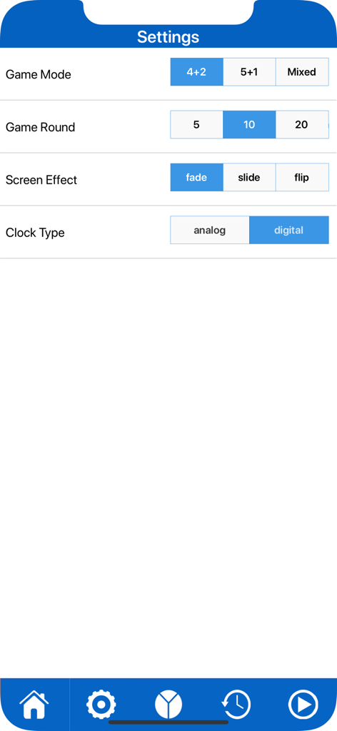 The Countdown Numbers Game - Settings menu of the Countdown Numbers Game app showing options for game mode, rounds, and clock type.