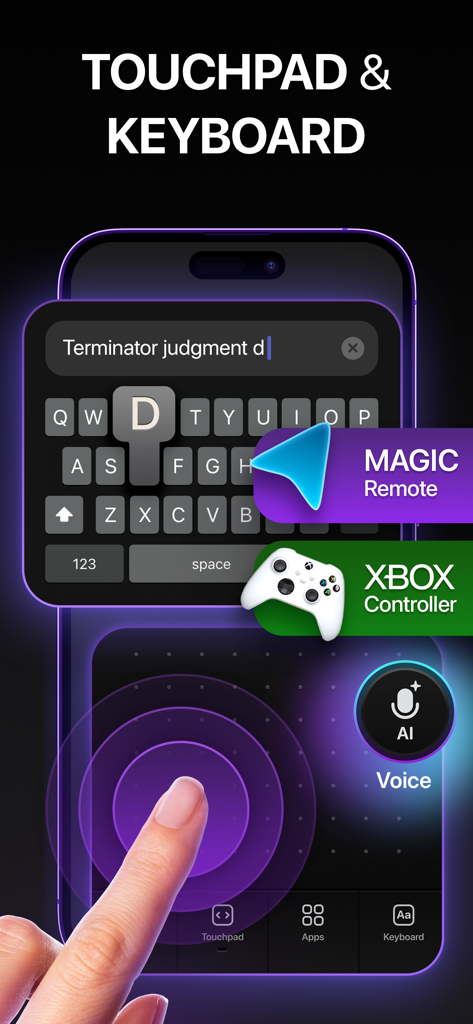Universal remote app interface showing keyboard search and touchpad navigation features