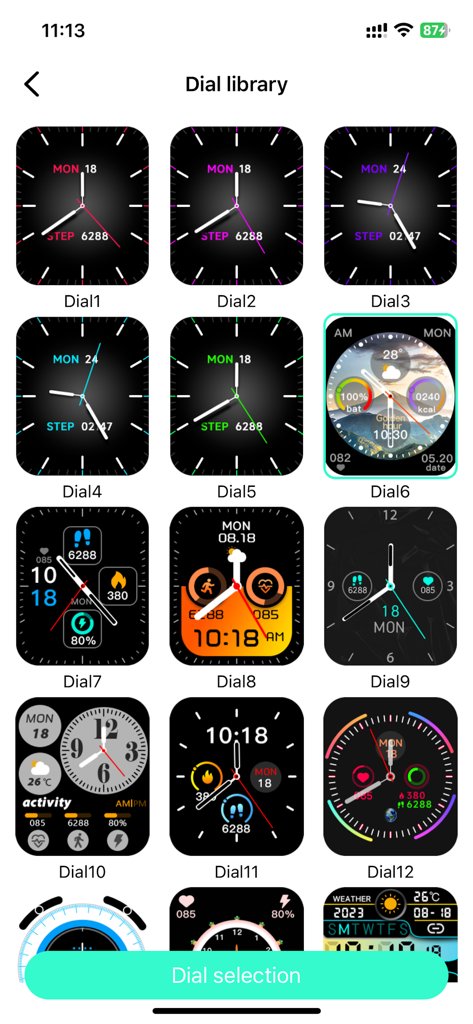 Una libreria di quadranti personalizzabili per smartwatch nell'app Dee Fit.