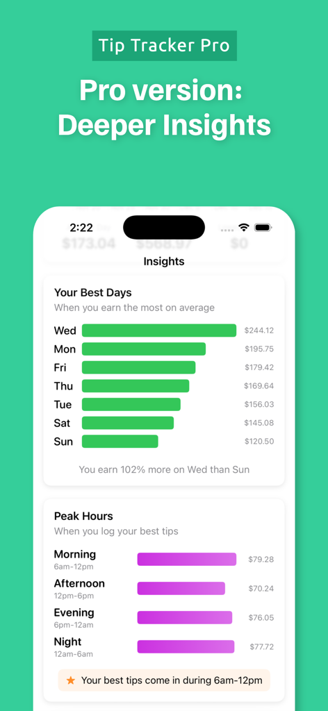 Tip Tracker Pro app dashboard showing earnings insights including best days and peak hours.