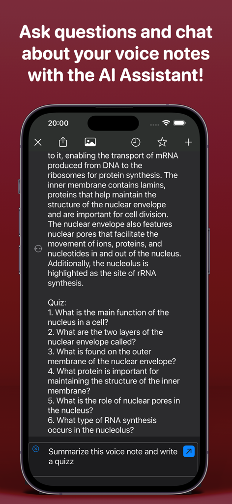 Aı Note Taker - Voice Notes - Interfaz de chat del Asistente IA generando un cuestionario a partir de la transcripción de una nota de voz