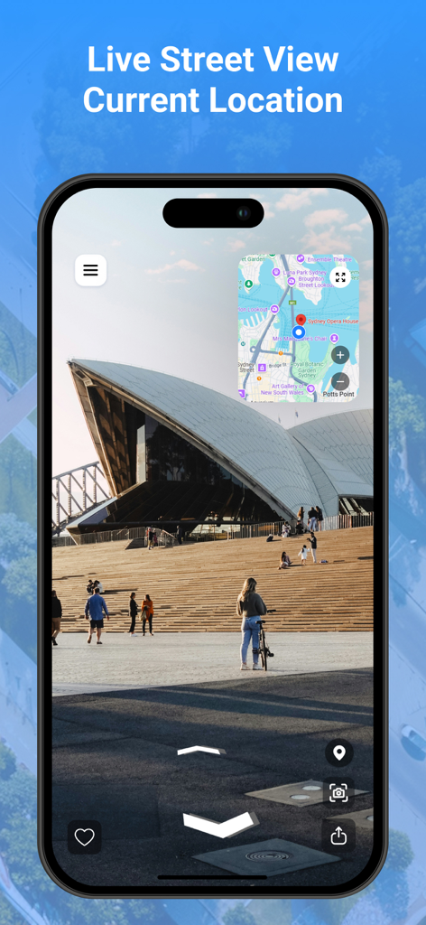 Street View Live Earth Map 3D - A smartphone screen displaying a 3D street view of the Sydney Opera House with a small map overlay.