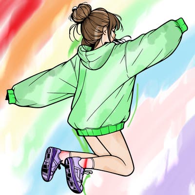 realistic girl jumping with a bun and oversized sweatshirt