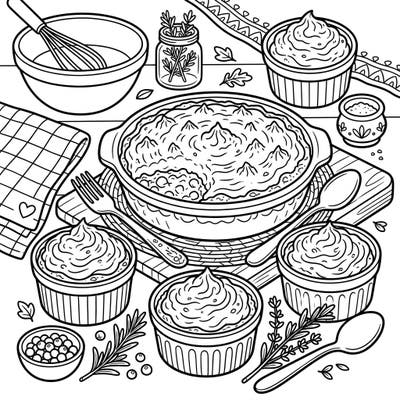 Get ready for a heartwarming coloring experience with this delightful Shepherd's Pie scene. Young artists can bring this savory dish and its cozy kitchen setting to life with their favorite crayons.