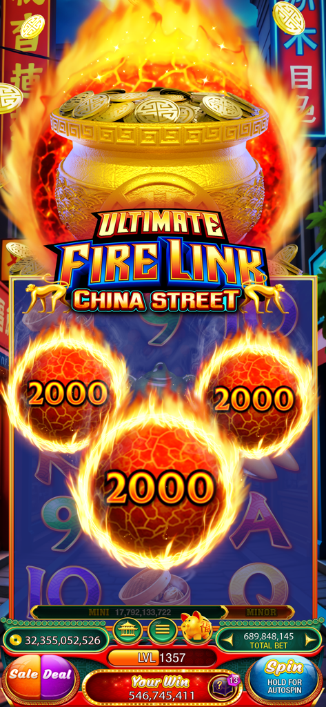 Gameplay screenshot of Ultimate Fire Link China Street slot game with flaming orbs and a golden pot of coins in 88 Fortunes.