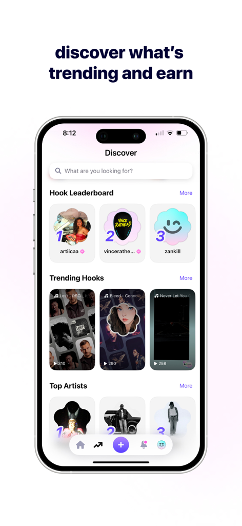 Discover screen of the Hook music app featuring trending hooks and creator leaderboard