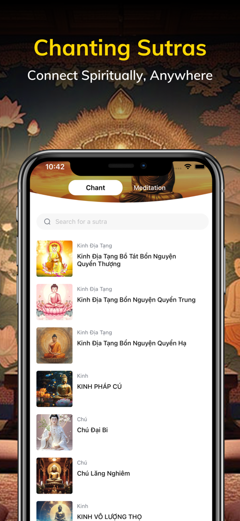 Om Mani – Global Buddhism - Om Mani app screen showing a list of Buddhist sutras and mantras for spiritual chanting