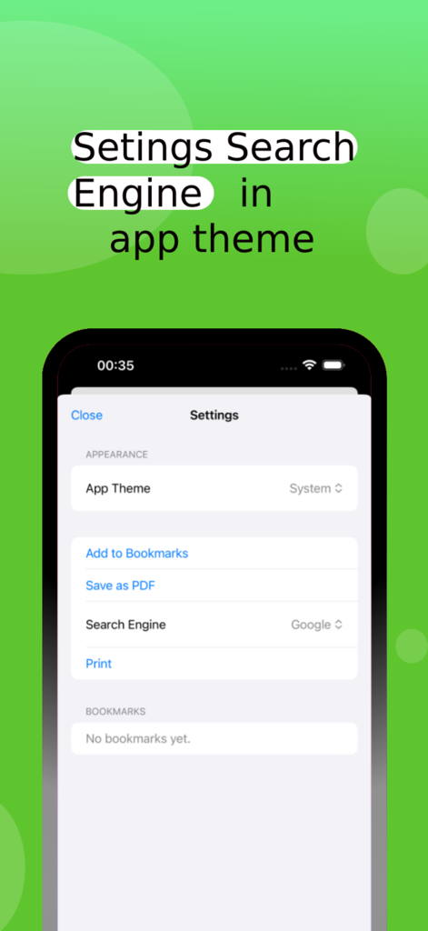 Garden TV browser - Settings menu of the Garden TV Browser app showing options for app theme and search engine selection.