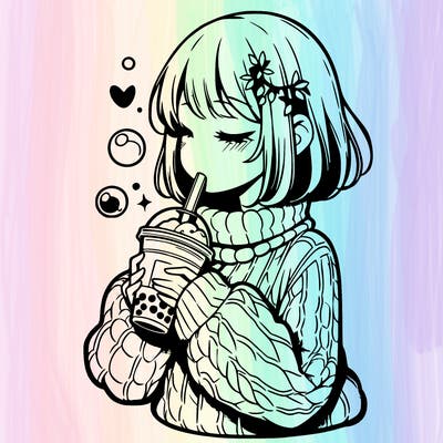 manga girl drinking boba in cozy sweater