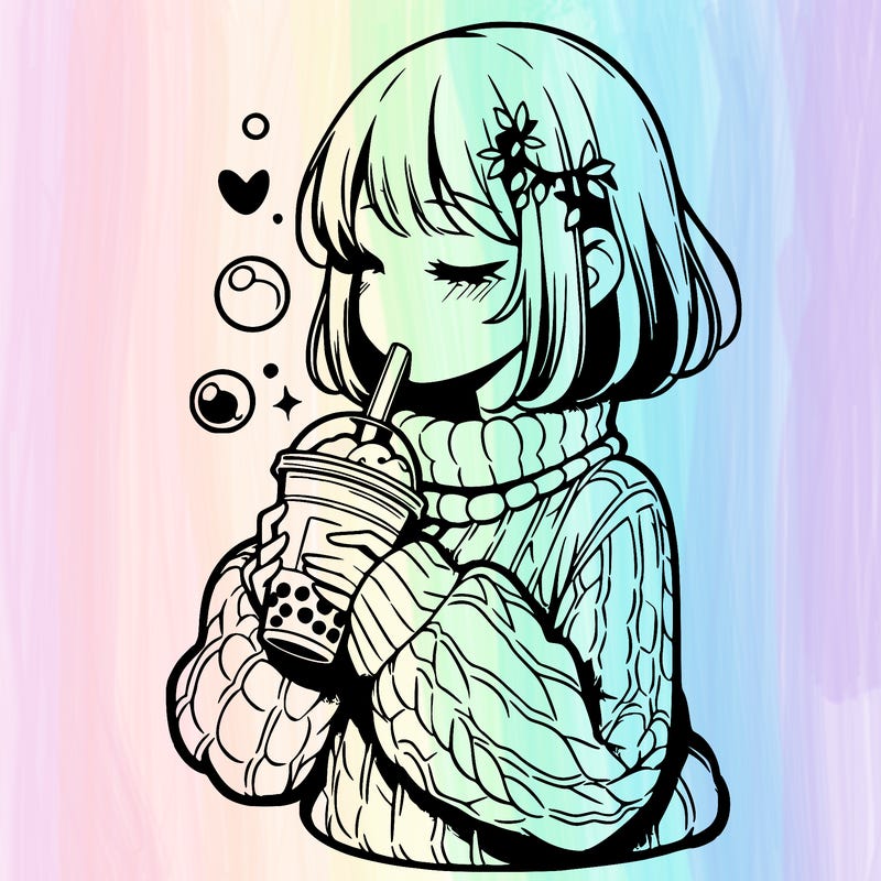 manga girl drinking boba in cozy sweater