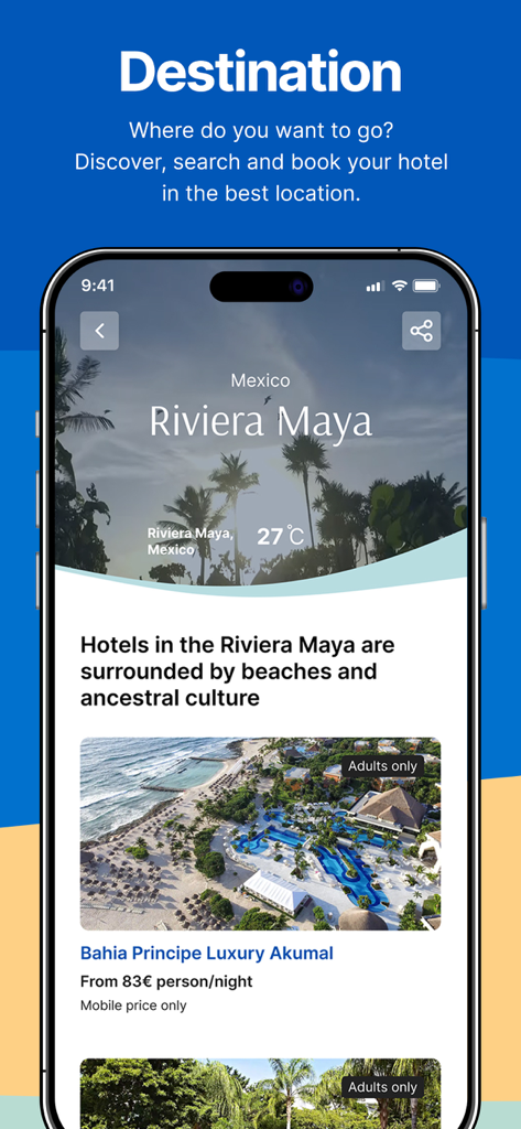 Bahia Principe Hotels - App Hoteles Bahia Principe mostrando opciones de hotel en Riviera Maya México