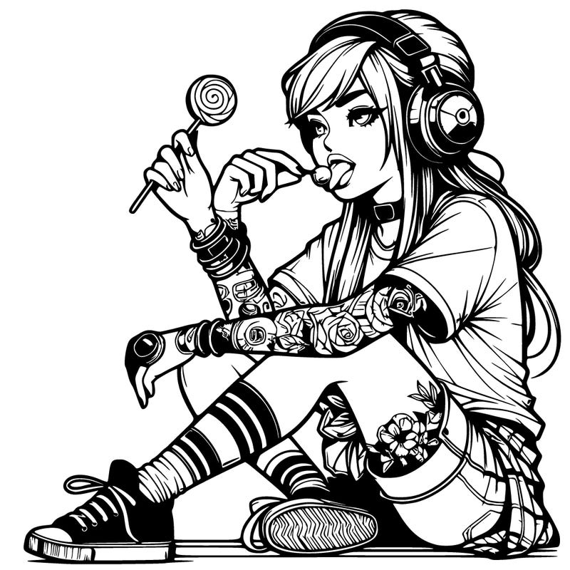 cool realistic girl with headphones sitting down with nones ring eating a lollipop has tattoos