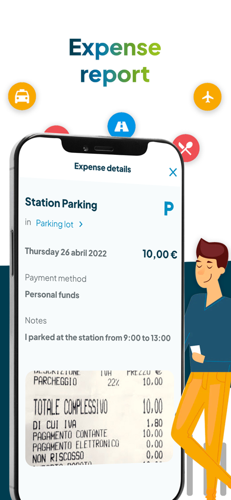 Fluida.io - A smartphone showing the Fluida app interface for expense report management with a scanned parking receipt