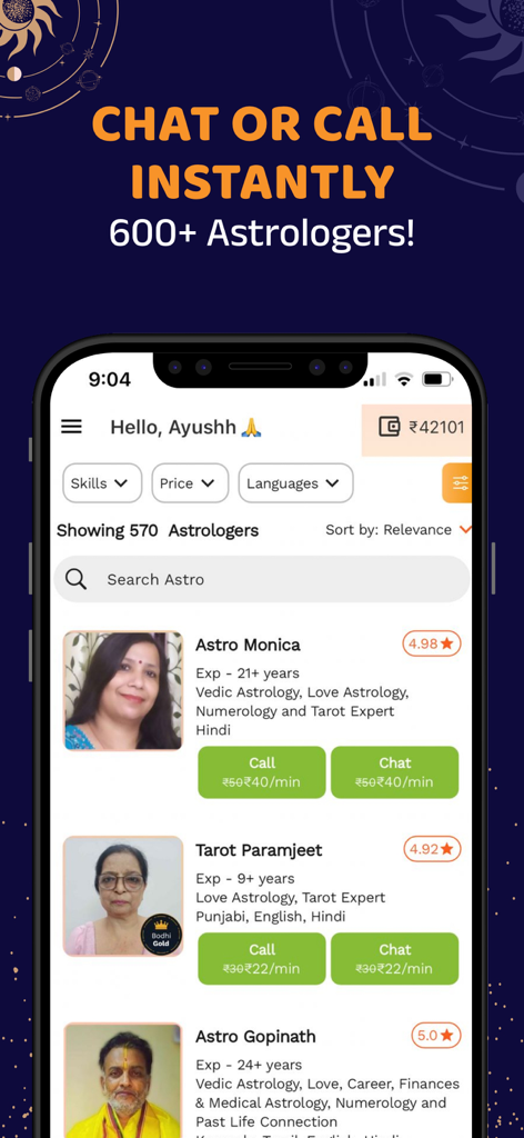 Bodhi: Astrology & Horoscope - Tela do aplicativo móvel mostrando uma lista de astrólogos verificados para chat e chamada instantâneos