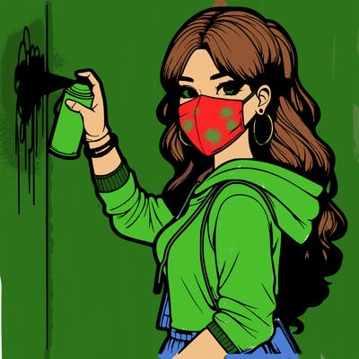 realistic girl with mask spray painting a wall