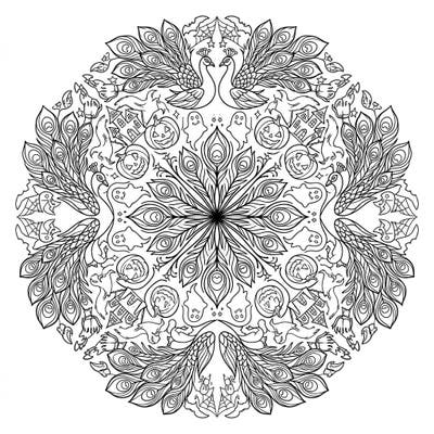 Dive into a uniquely spooky and beautiful coloring experience with this Peacock Halloween Mandala. This intricate design blends the elegance of peacocks with festive ghoulish delights, perfect for a creative seasonal challenge.