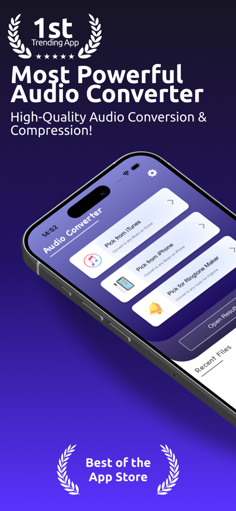 Audio Converter app interface on iPhone showing options for iTunes file selection and ringtone maker