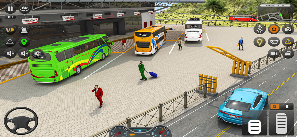 A simulation game screenshot showing various buses and a car at a city bus station terminal