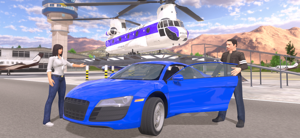 Helicopter Flying: Car Driving - A blue sports car parked near a police helicopter at an airport in a simulation game