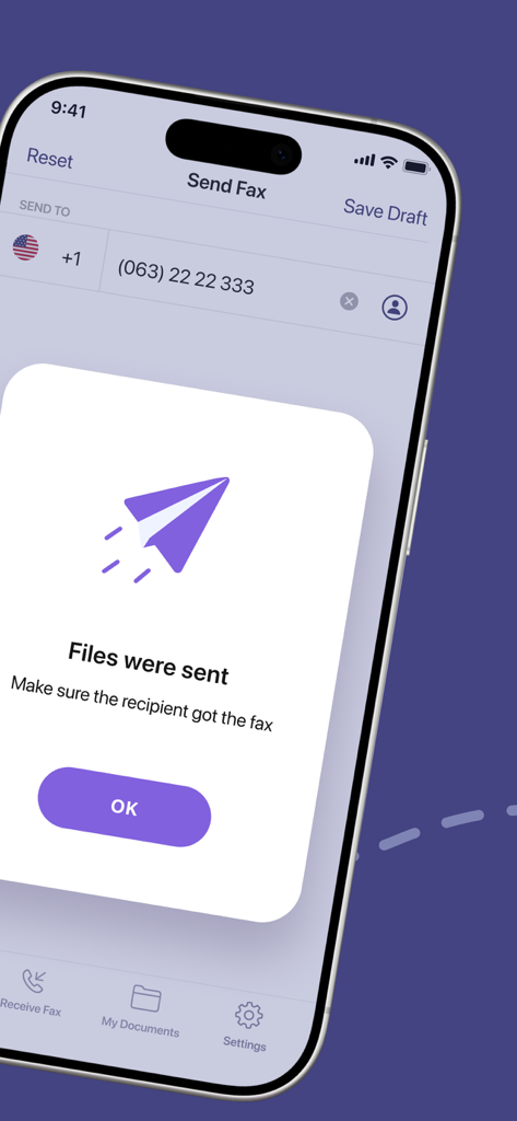A mobile screen showing a successful fax transmission confirmation with the text Files were sent.