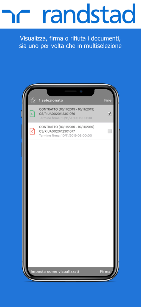 Pantalla de la aplicación Randstad e-doc que muestra una lista de contratos con casillas de verificación para selección múltiple y firma digital.