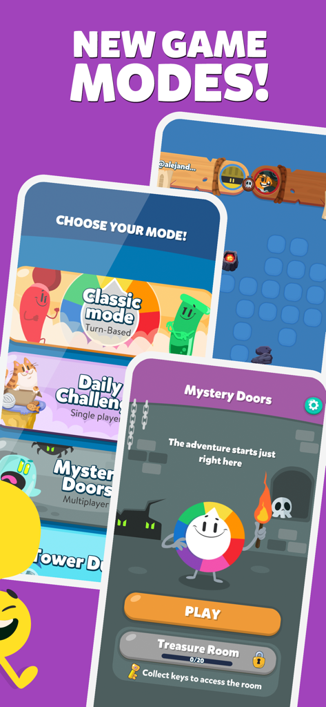 Mobile app screens showing various game modes in Trivia Crack Retro including Classic mode and Mystery Doors