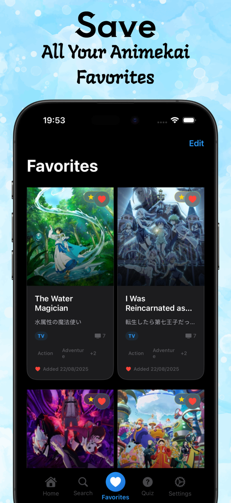 Animix: Explore Animekai Anime - The favorites list in the Animix anime discovery app showing saved anime titles and posters.