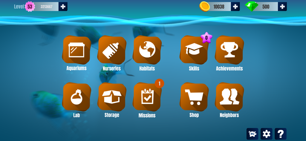 Main menu interface of Fish Farm 4 displaying various game management options like Aquariums Nurseries and Habitats