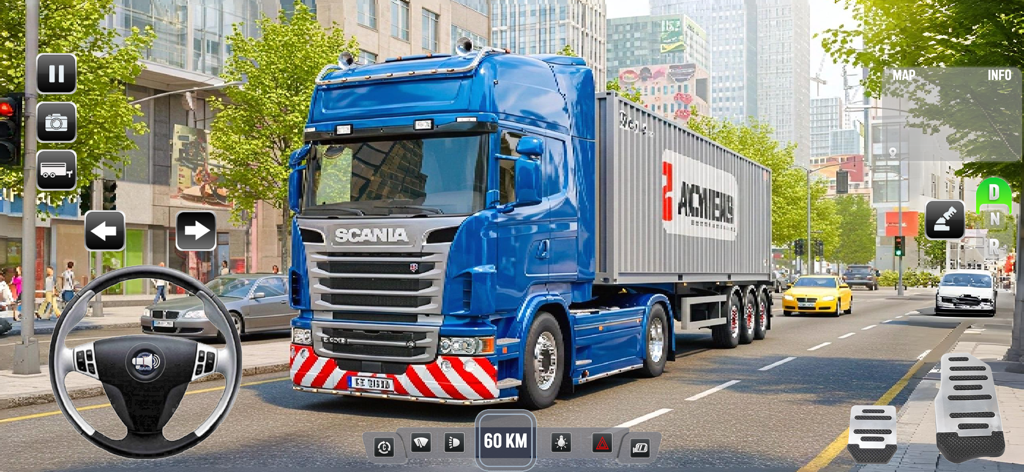 Depot Truck Simulator Games 3D - Un camión cisterna azul conduciendo por una calle concurrida de la ciudad en un juego de simulador de camiones 3D que muestra el volante y los controles de los pedales.