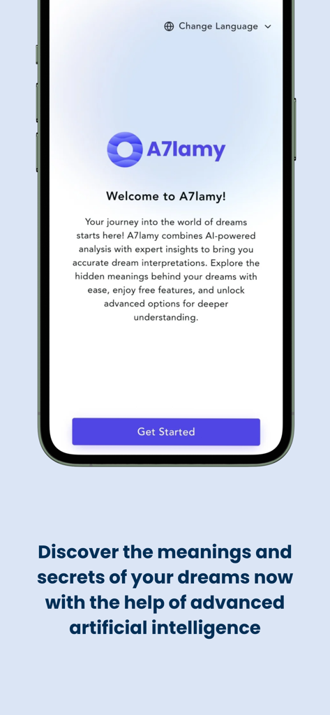 A7lamy app welcome screen featuring AI dream interpretation analysis and a get started button