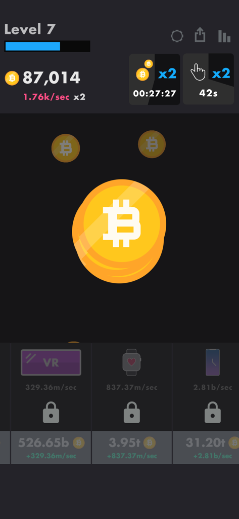 Gameplay screen of Bitcoin! by Ketchapp showing mining level and virtual coin