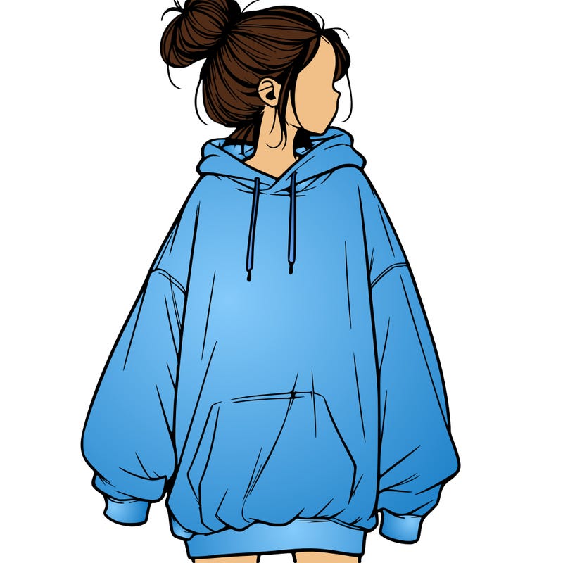 realistic girl with a oversized sweatshirt on and a bun