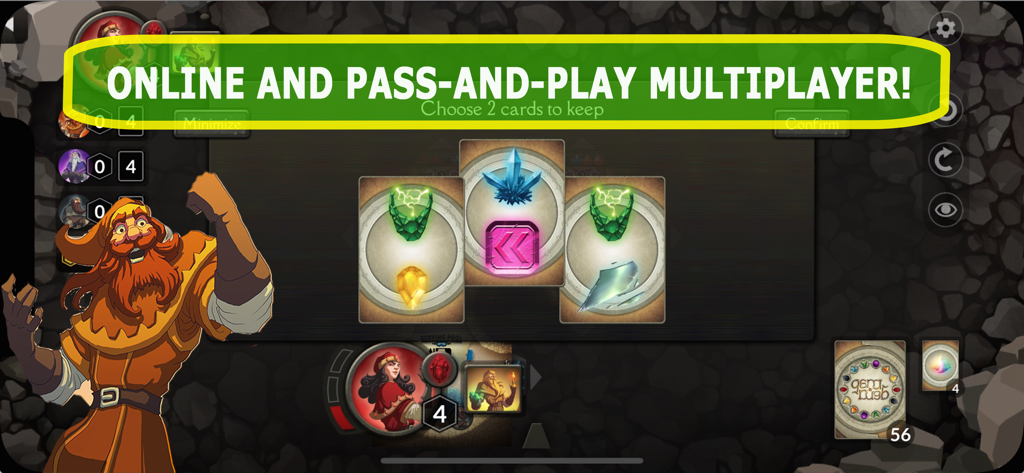 Multiplayer game mode screen in Gem Rush showing gem cards and a dwarven character